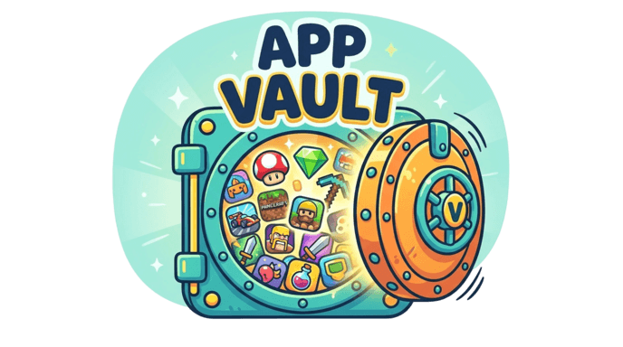 Appvault dashboard style visual with app cards and gaming icons
